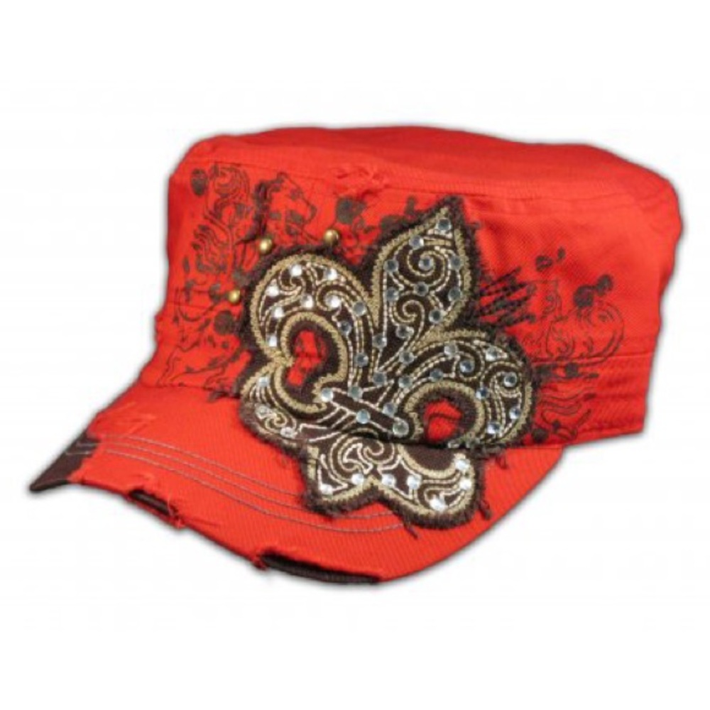 Fleur-De-Lis Distressed Red Cadet Army Military Hat Y2K